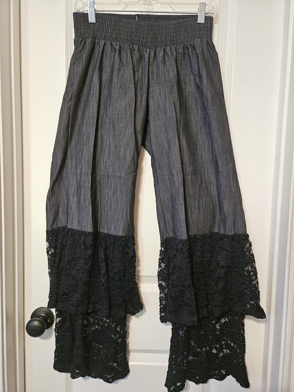 Smocked Waist Black Wide-Leg Pants with Lace Flare
